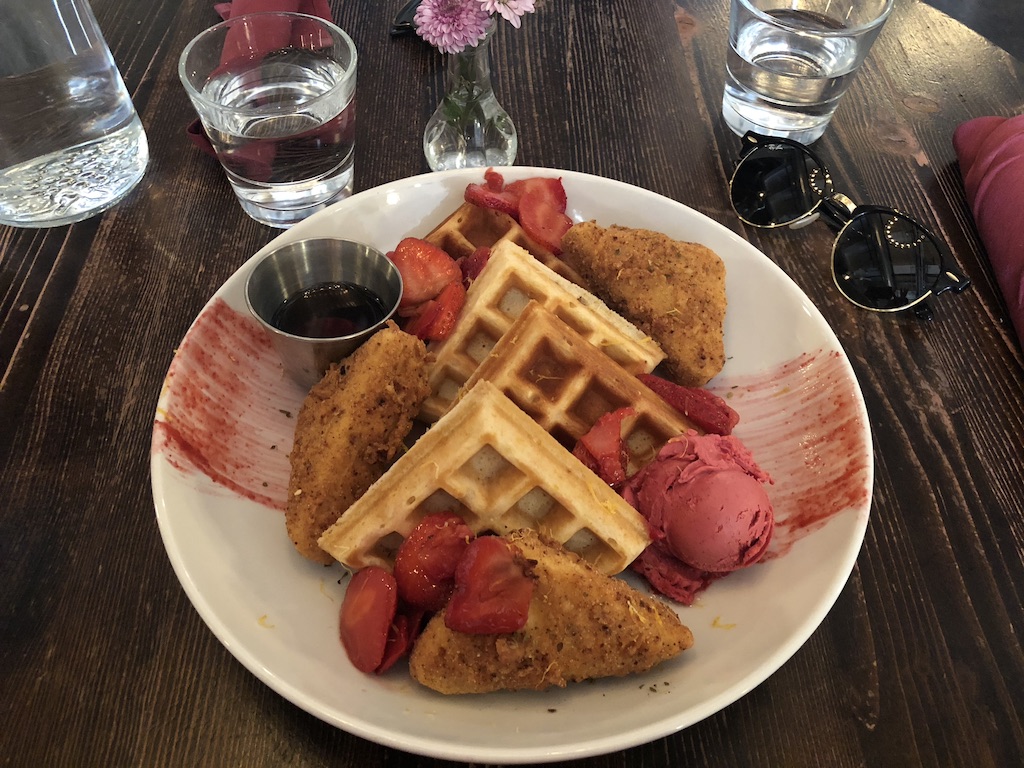 Modern Love Brooklyn chicken and waffles plate