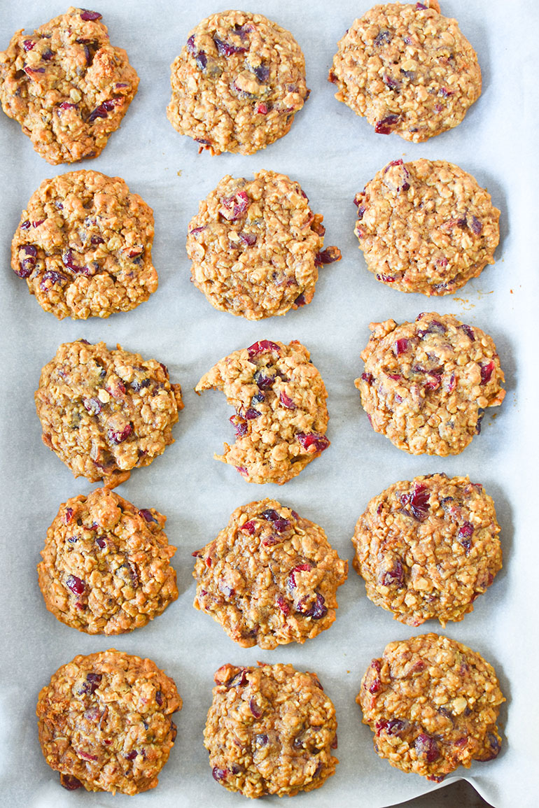 Vegan Cranberry Oatmeal Cookies on baking sheet