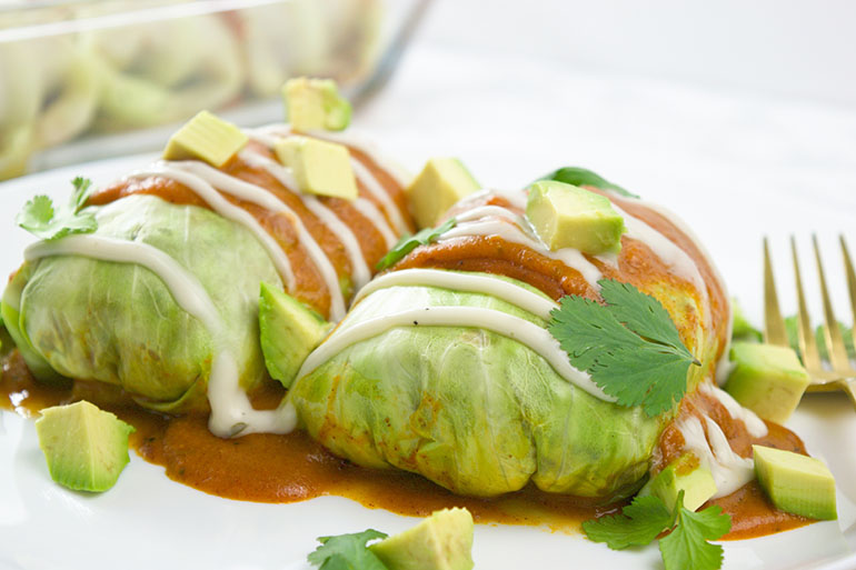 Black Bean + Sweet Potato Cabbage Enchiladas