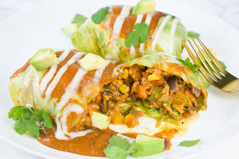 Black Bean + Sweet Potato Cabbage Enchiladas