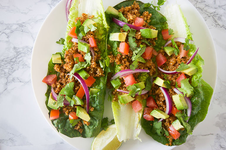 Raw Walnut Taco Meat in lettuce wraps