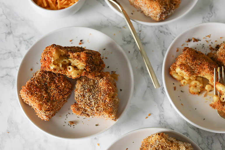 Air Fried Mac and Cheese Bites on small white plates