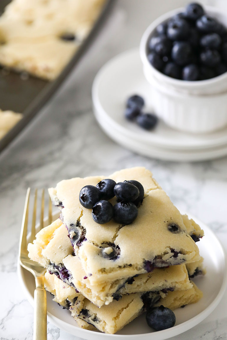 Vegan Blueberry Sheet Pan Pancakes stack