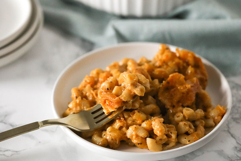 4 Cheese Vegan Baked Mac and Cheese with gold fork