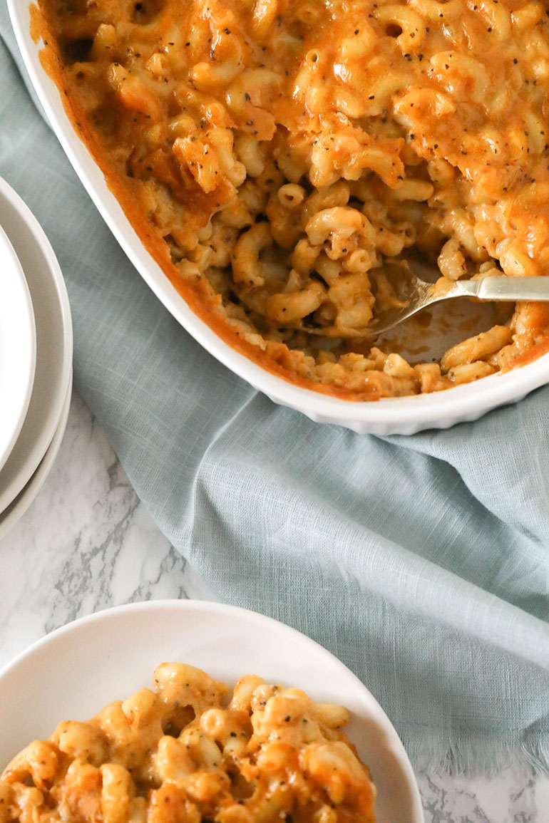 4 Cheese Vegan Baked Mac and Cheese with scoop missing