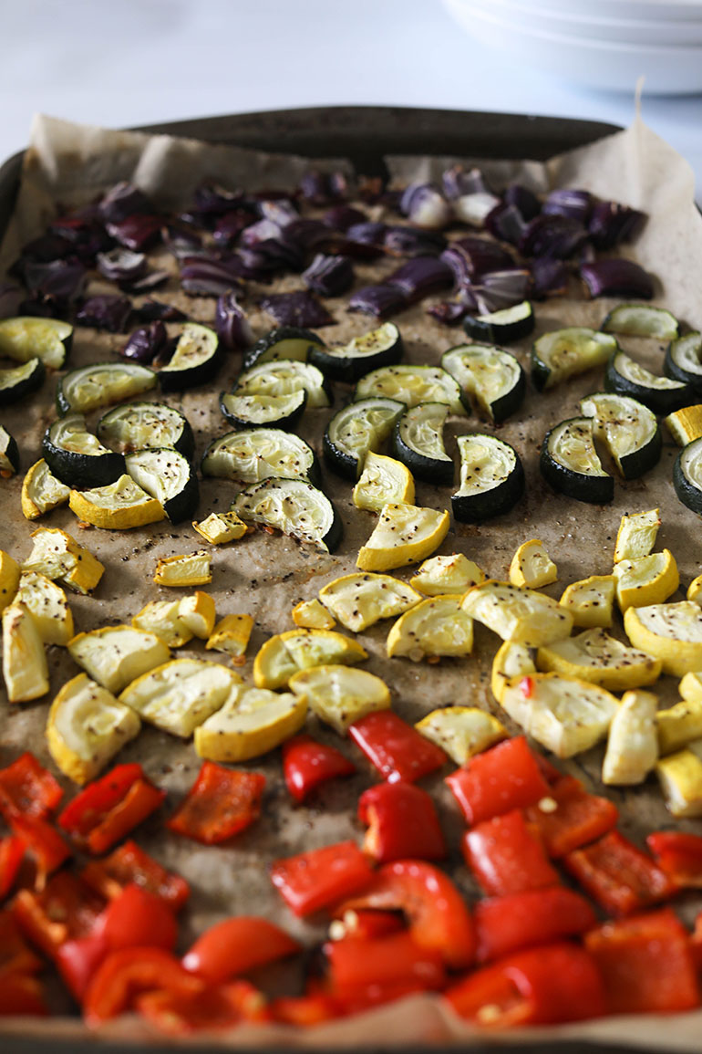 Roasted vegetables on baking pan