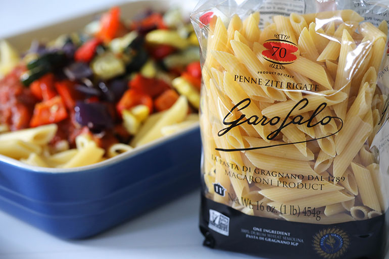 Roasted Vegetable Baked Penne Pasta and bag of Garofalo pasta