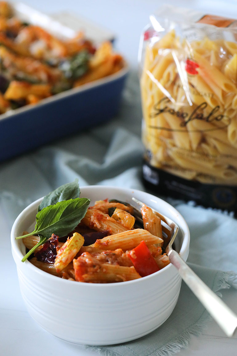 Roasted Vegetable Baked Penne Pasta in white bowl