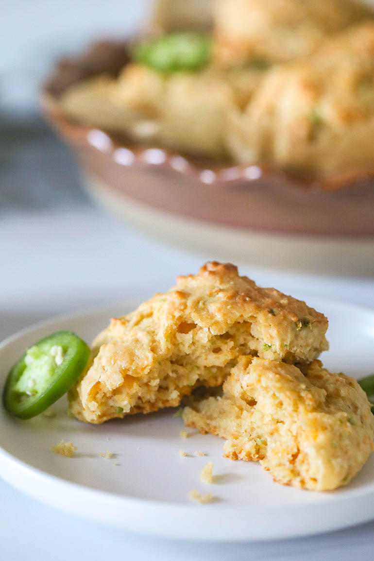 Vegan Jalapeño Cheddar Drop Biscuits broken in half