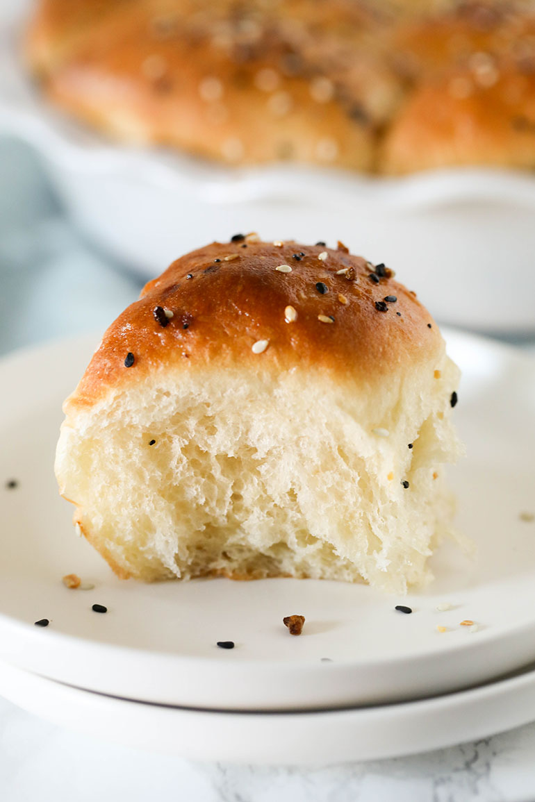 Vegan Everything Bagel Seasoning Dinner Roll on white plate