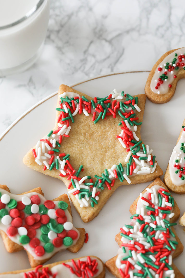 Vegan Cutout Christmas Cookies on white plate