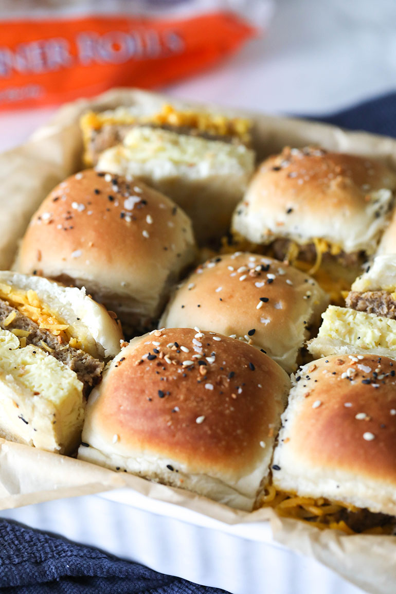 Vegan Mini Breakfast Sandwiches in white dish