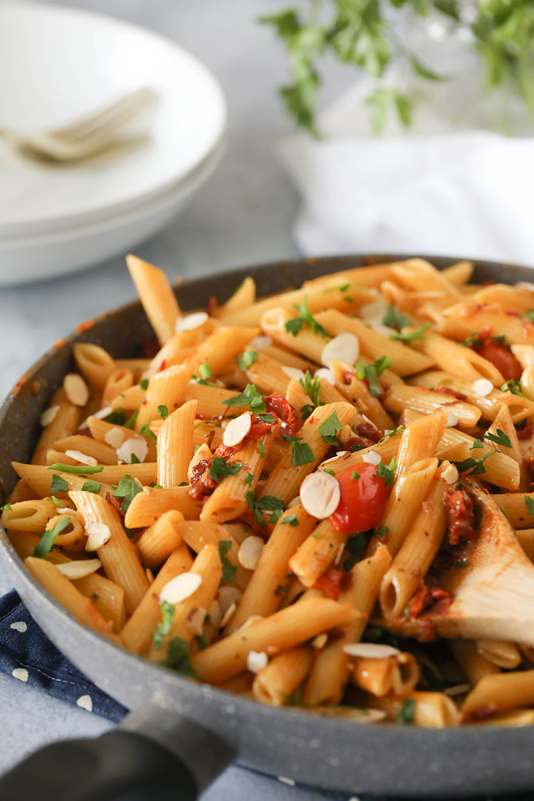 Vegan Sun Dried Tomato Pasta in gray pan