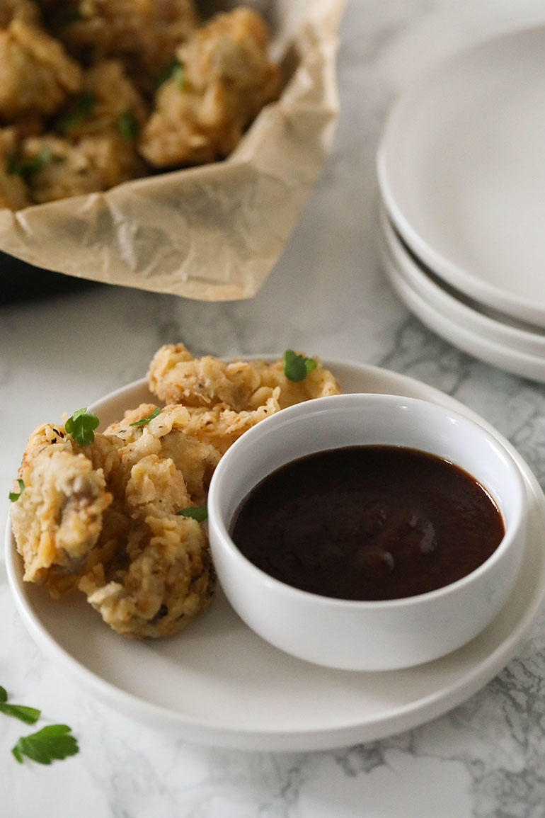 Fried Oyster Mushrooms on small white plate 