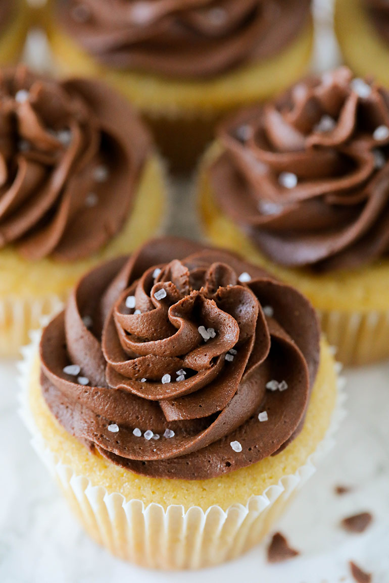 Vegan Yellow Cupcakes with Chocolate Frosting close up