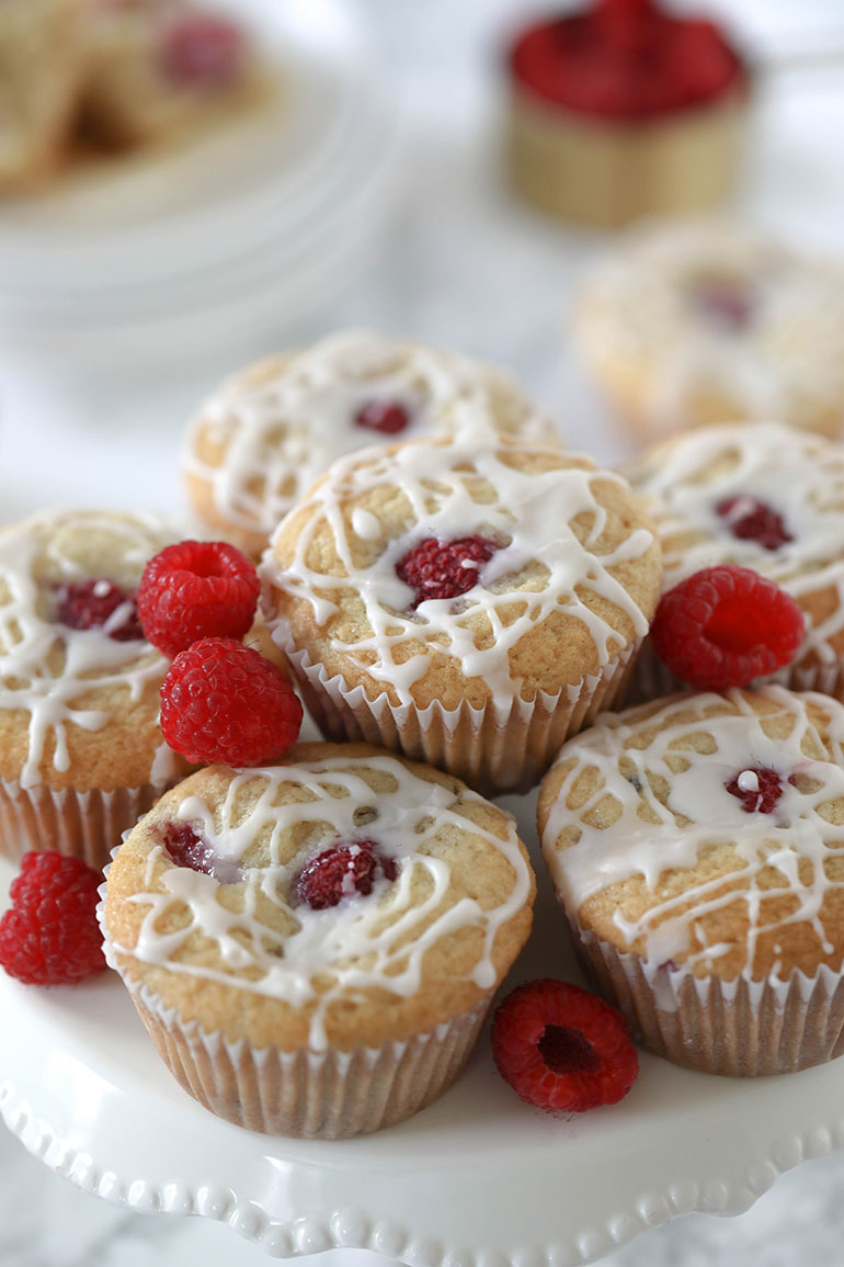 Vegan Raspberry Muffins on cake stand