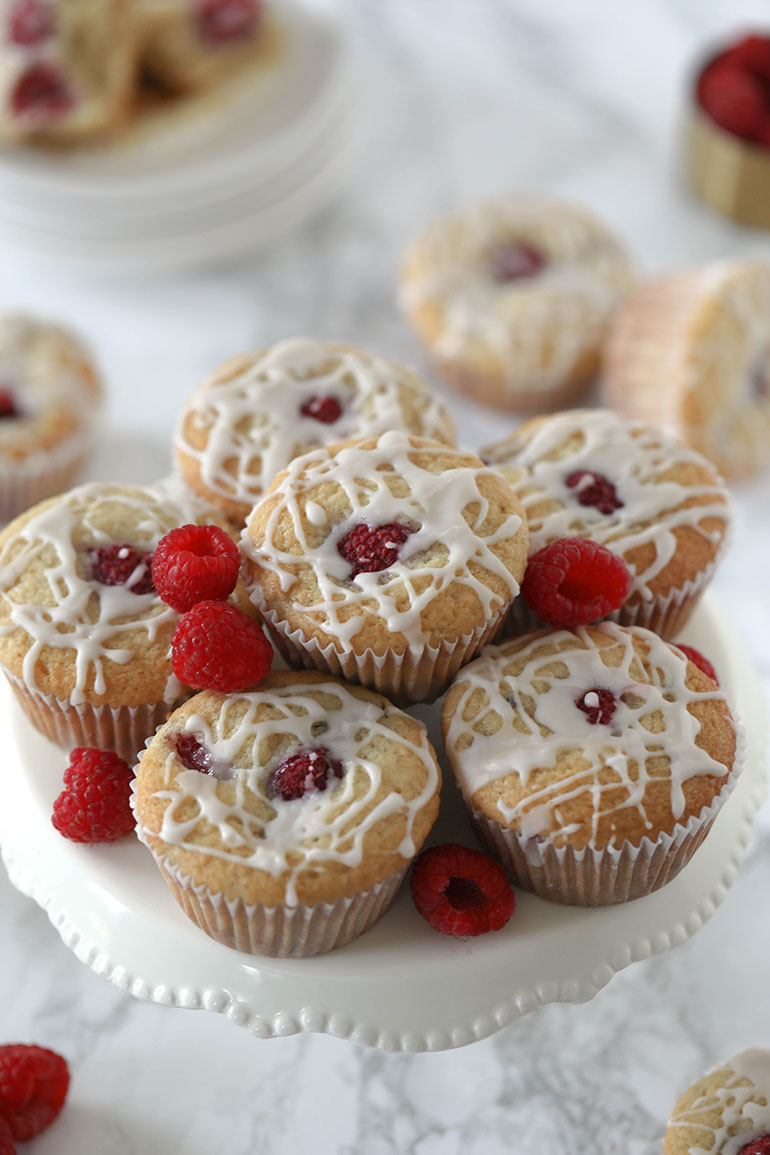 Vegan Raspberry Muffins on cake stand