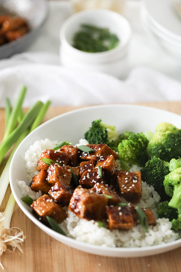 Vegan Honey Butter Garlic Tofu in White Bowl