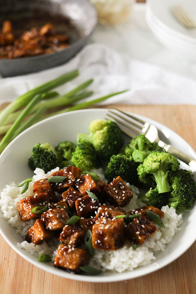 Vegan Honey Butter Garlic Tofu in White Bowl