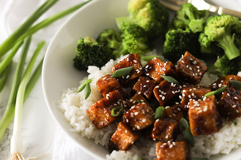 Vegan Honey Butter Garlic Tofu in White Bowl