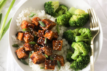 Vegan Honey Butter Garlic Tofu in White Bowl