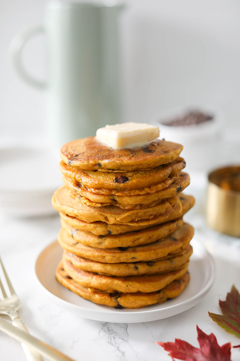 Vegan Pumpkin Spice Chocolate Chip Pancakes Stack