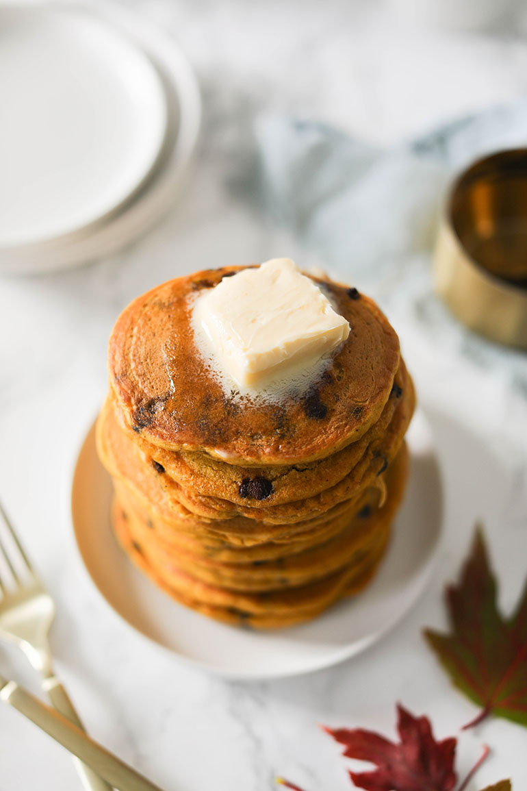 Vegan Pumpkin Spice Chocolate Chip Pancakes Stack