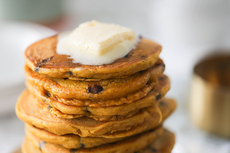 Vegan Pumpkin Spice Chocolate Chip Pancakes Stack