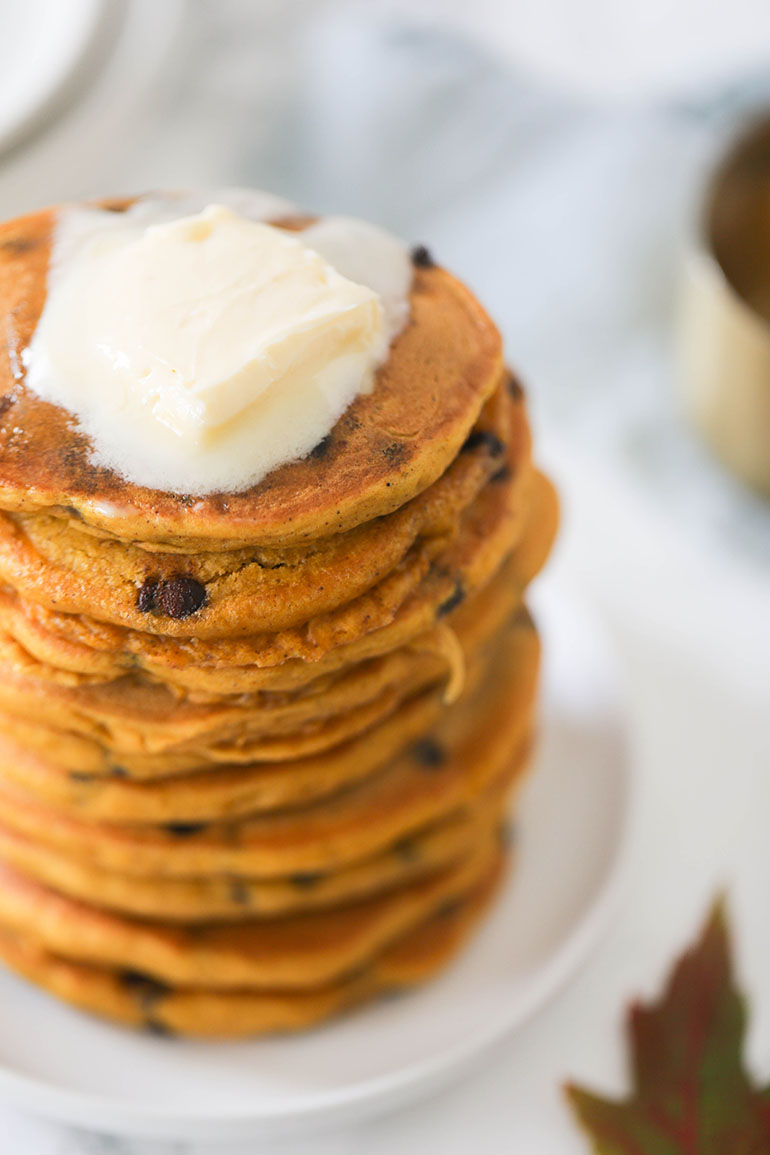 Vegan Pumpkin Spice Chocolate Chip Pancakes Stack