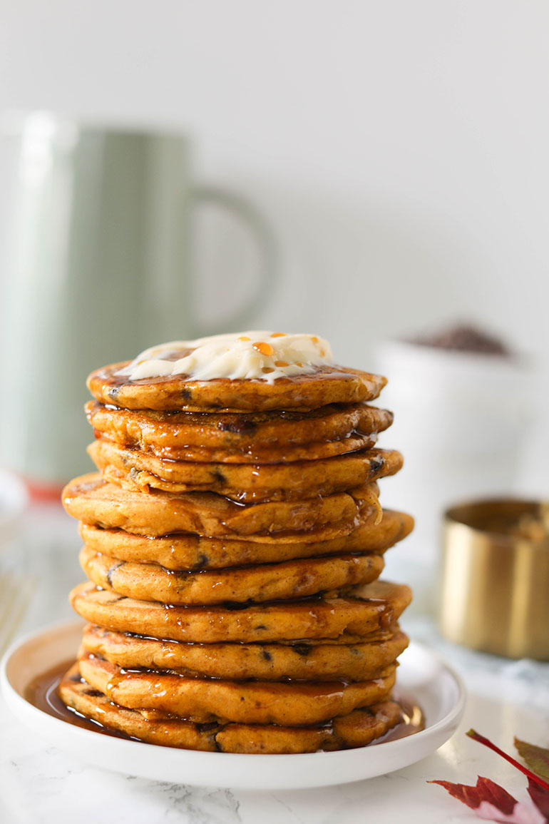 Vegan Pumpkin Spice Chocolate Chip Pancakes Stack