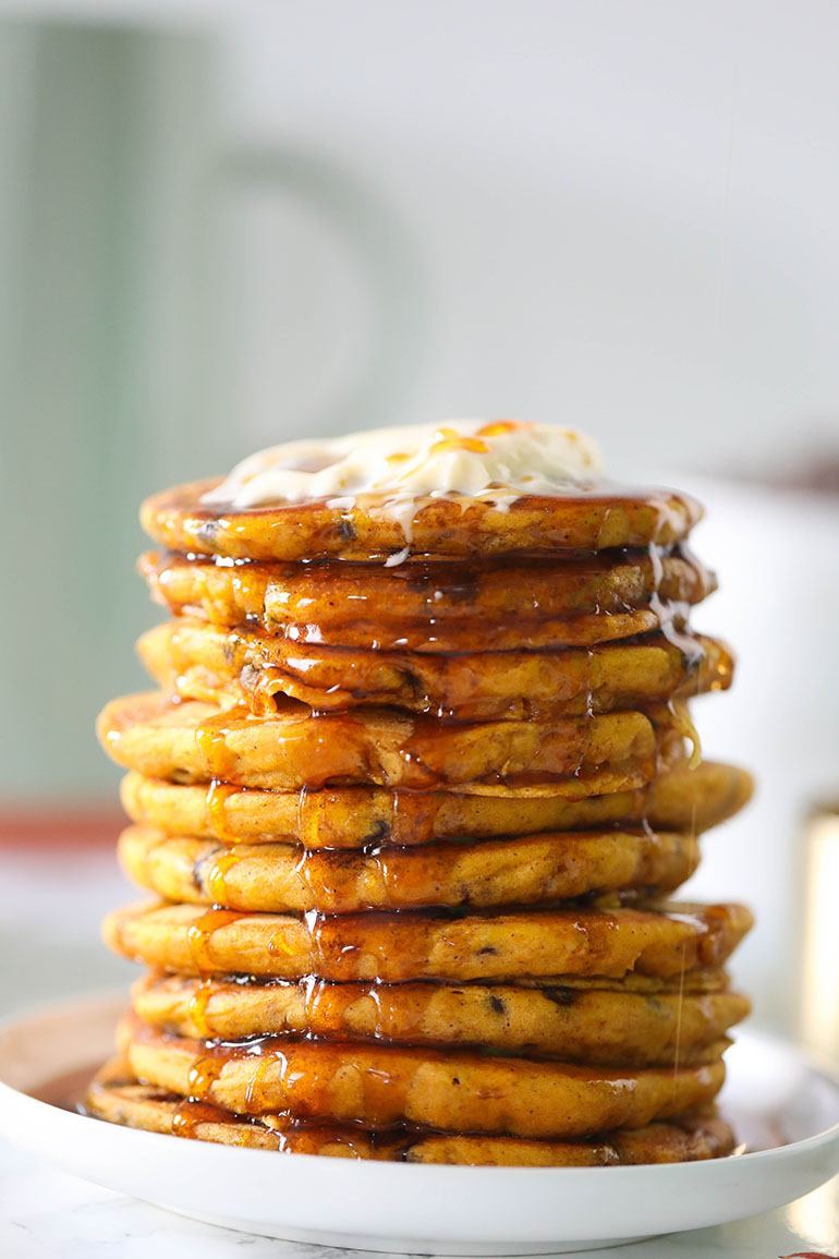 Vegan Pumpkin Spice Chocolate Chip Pancakes Stack