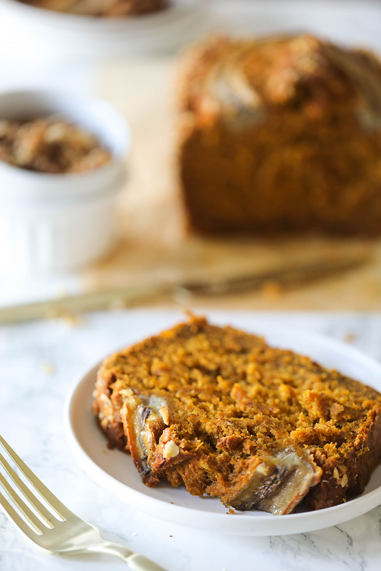 Vegan Banana Pumpkin Bread on white plate