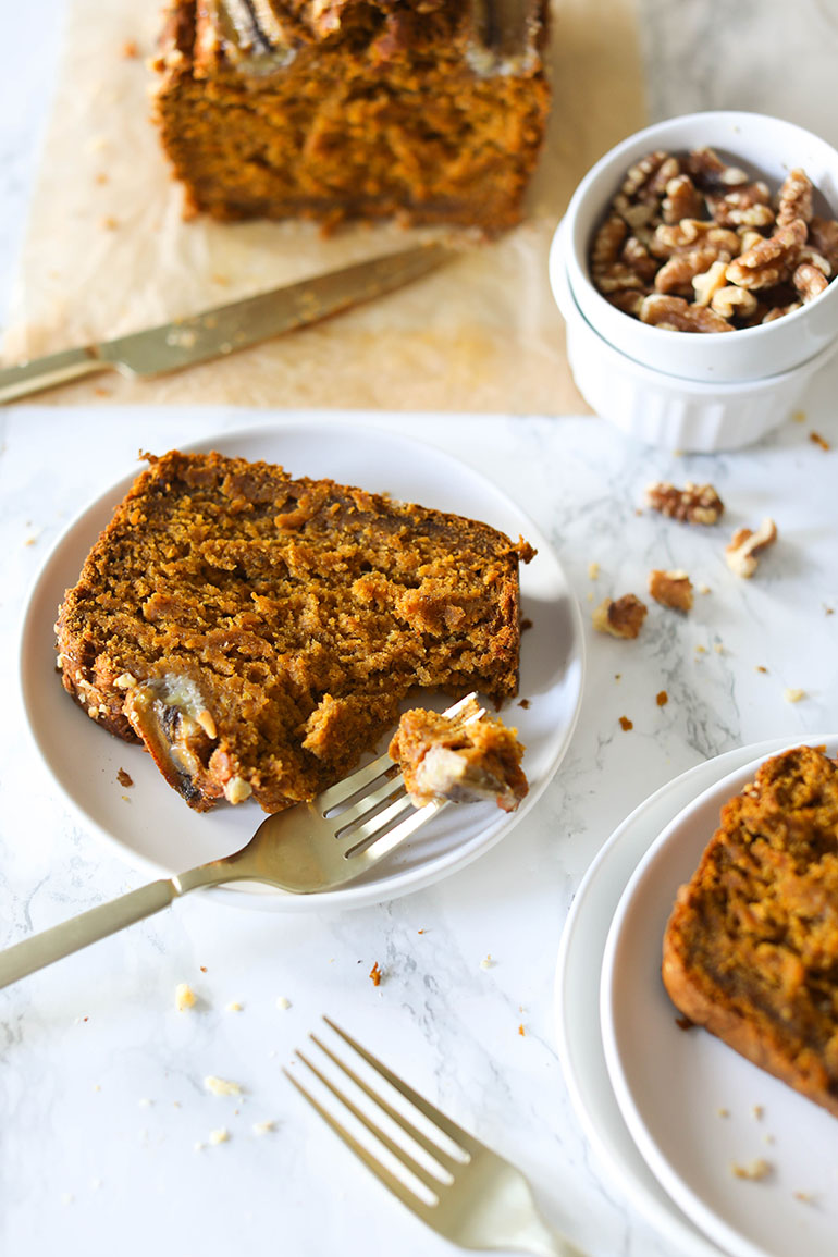 Vegan Banana Pumpkin Bread on white plates