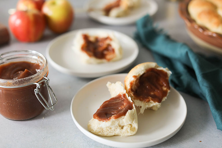 Slow Cooker Apple Butter with dinner roll