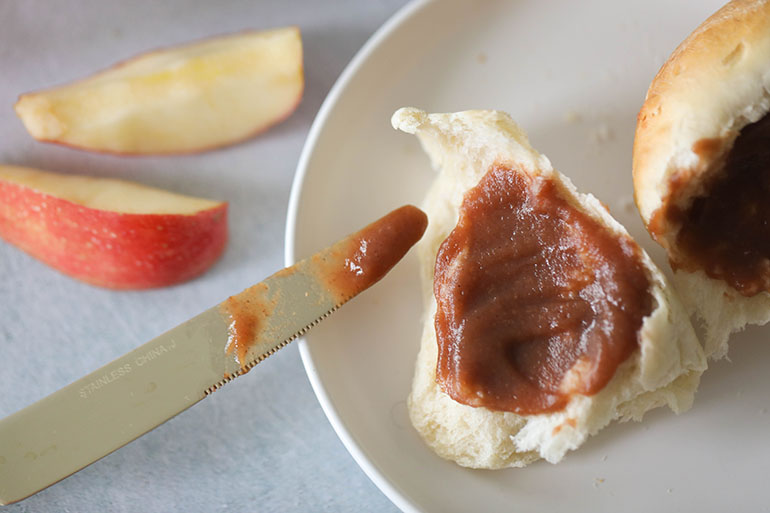 Slow Cooker Apple Butter with dinner roll