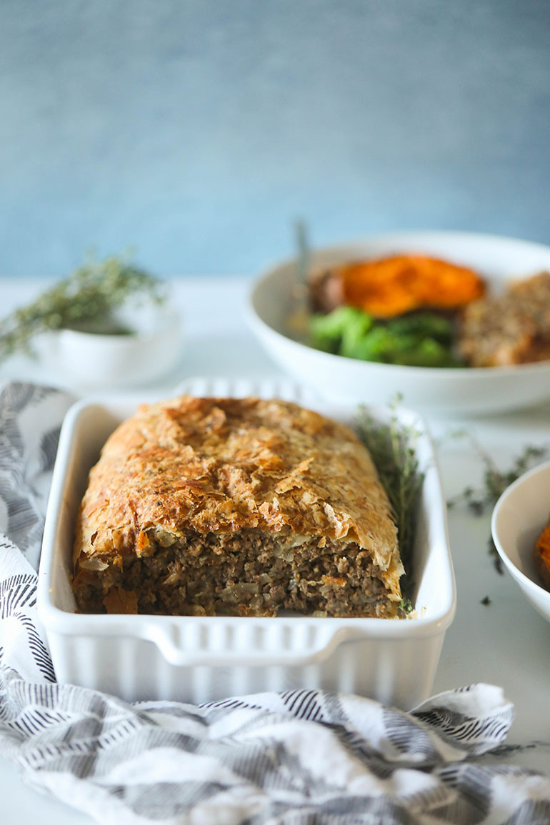 Vegan Beef Wellington in white dish