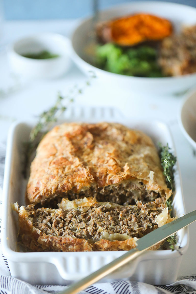 Vegan Beef Wellington in white dish