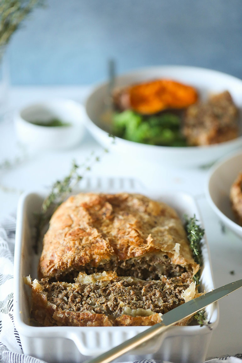 Vegan Beef Wellington in white dish