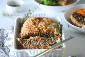 Vegan Ground Beef Wellington in white dish