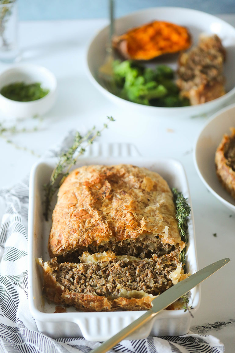 Vegan Beef Wellington in white dish