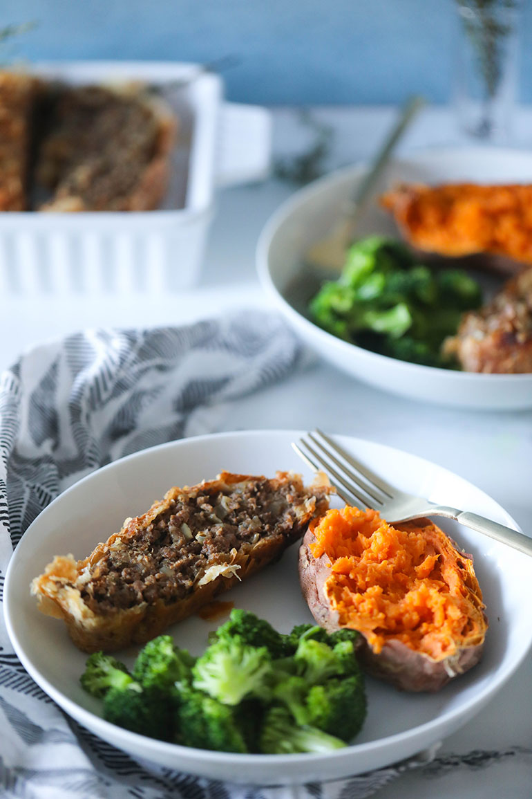 Vegan Beef Wellington in white dish