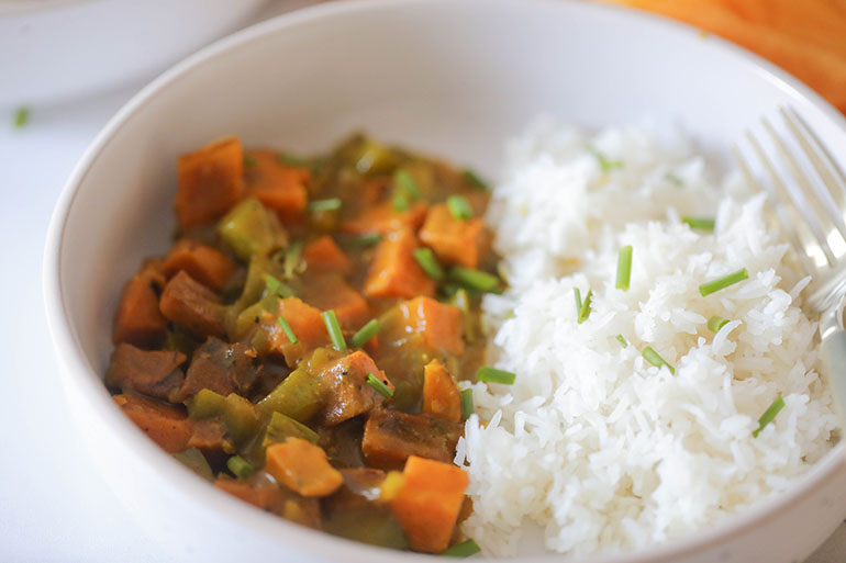 Easy Vegan Sweet Potato Curry in white bowl