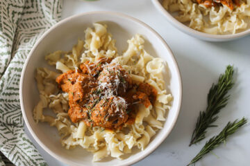 Vegan Pumpkin Meatball Pasta in flat white bowl